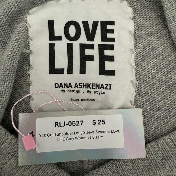 Y2K Cold Shoulder Long Sleeve Sweater LOVE LIFE Grey Women's Size M - Picture 4 of 5